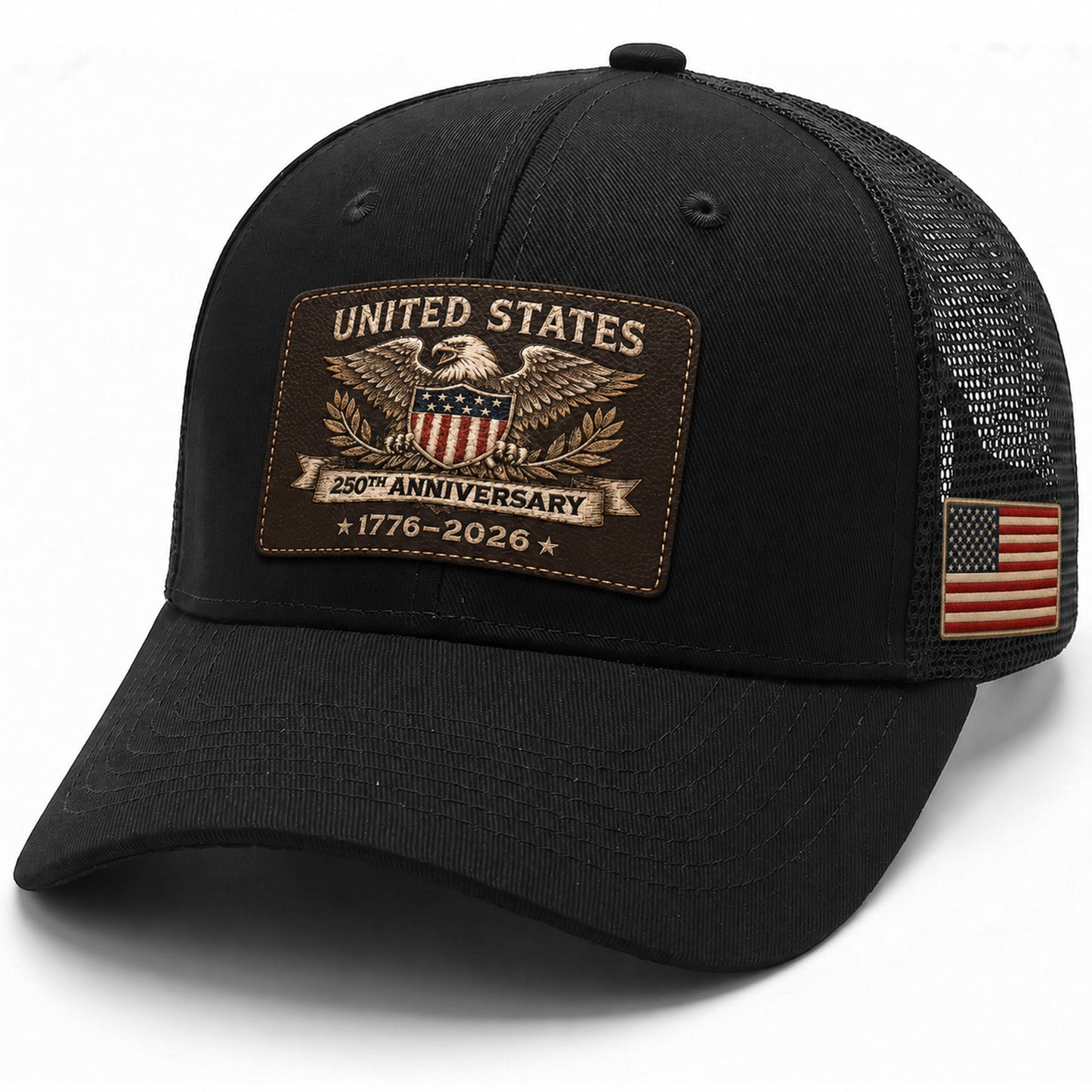 US 250th Anniversary Trucker Hat Vintage American Eagle Leather Patch Black Cap