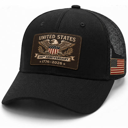 US 250th Anniversary Trucker Hat Vintage American Eagle Leather Patch Black Cap
