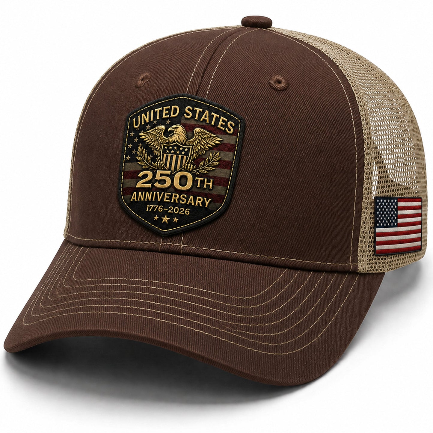 US 250th Anniversary Leather Patch Hat - Patriotic 1776-2026 American Flag Trucker Cap