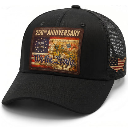 USA 250th Anniversary We The People Leather Patch Trucker Hat Patriotic Mesh Cap