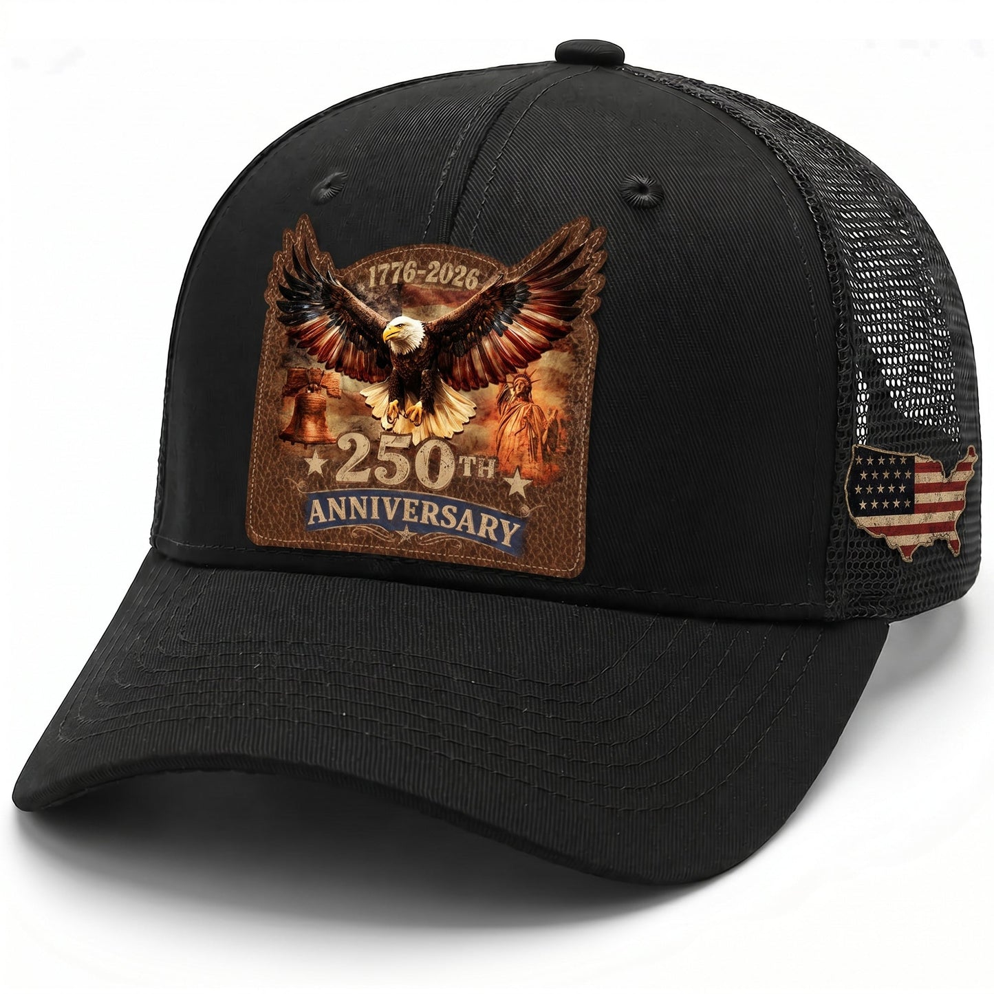1776-2026 USA Heritage Leather Patch Trucker Cap Patriotic Eagle & Liberty Bell Hat