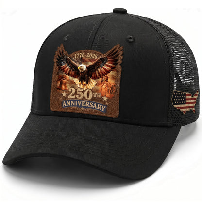 1776-2026 USA Heritage Leather Patch Trucker Cap Patriotic Eagle & Liberty Bell Hat