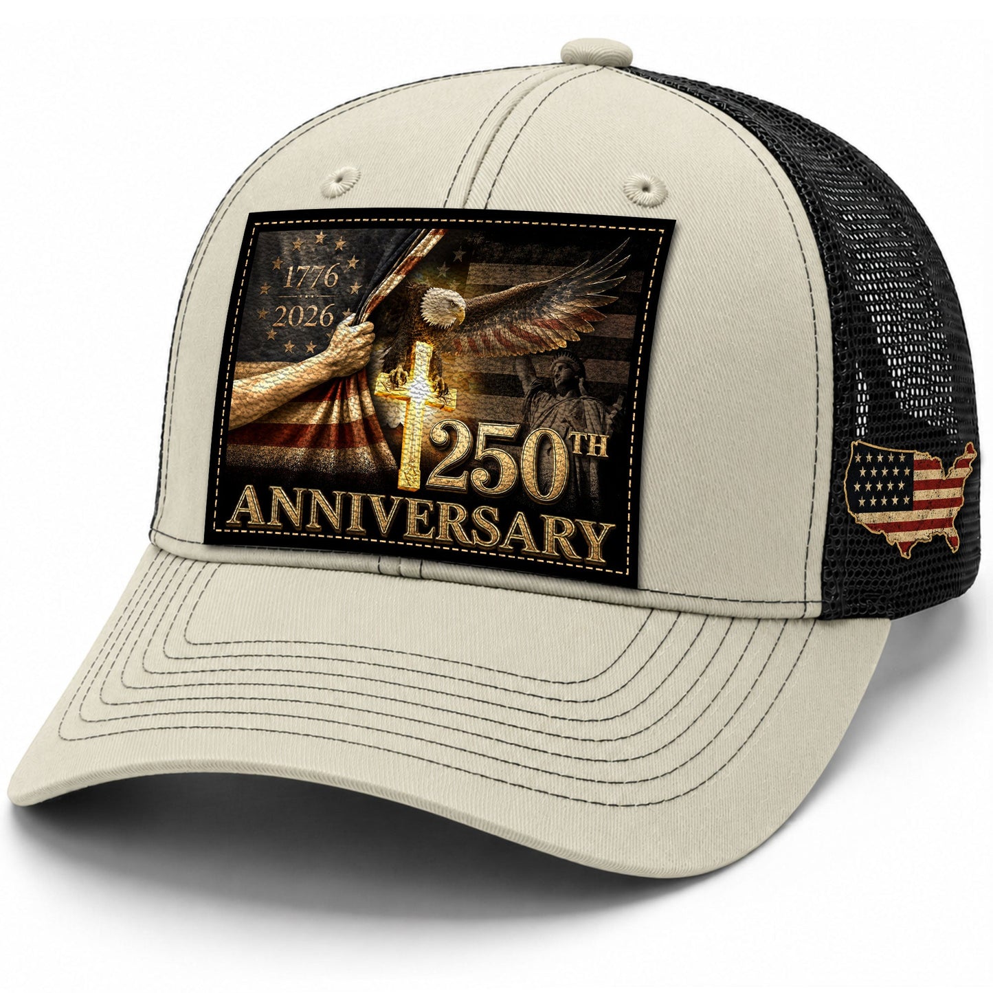 US 250th Anniversary Trucker Hat Christian Cross Eagle Patriotic Leather Patch Mesh Cap