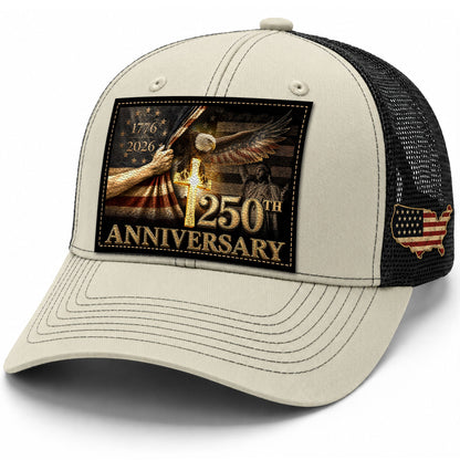 US 250th Anniversary Trucker Hat Christian Cross Eagle Patriotic Leather Patch Mesh Cap