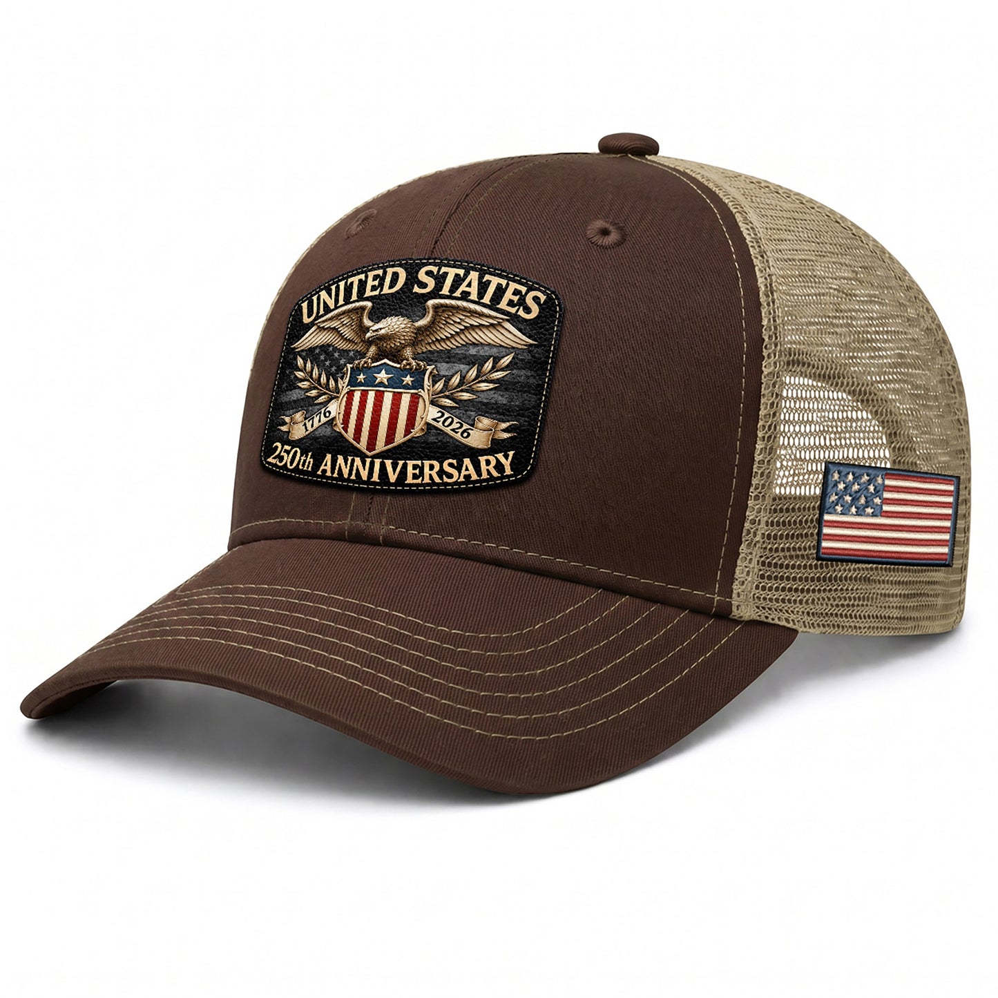 1776 to 2026 Anniversary Brown Tan Mesh Back Hat Leather Patch Trucker Cap