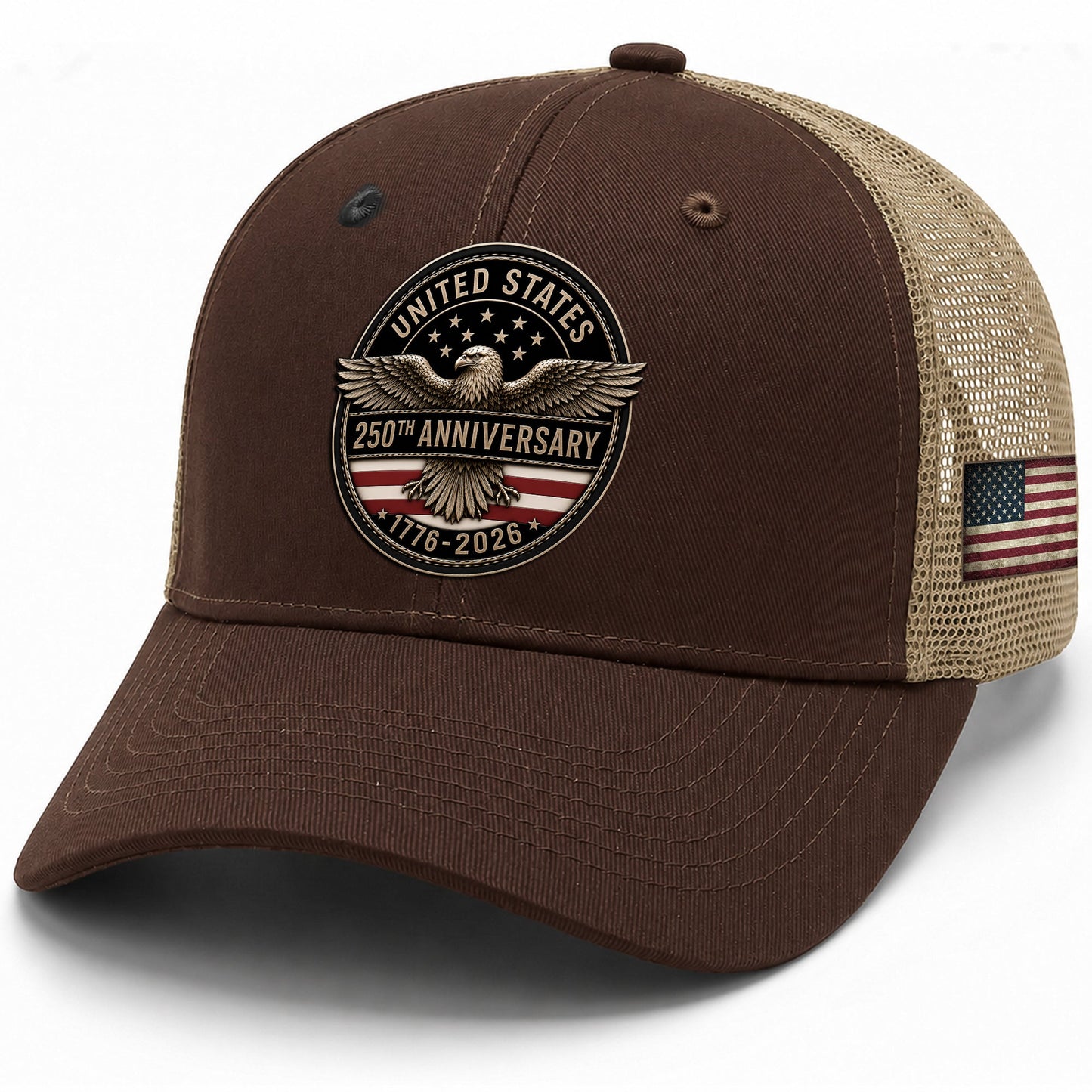United States 250th Anniversary Leather Patch Hat Patriotic Mesh Back Cap Brown