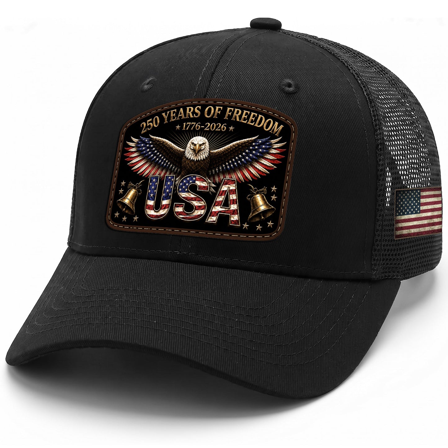 250th Anniversary Freedom Leather Patch Cap - Patriotic Black Trucker Hat