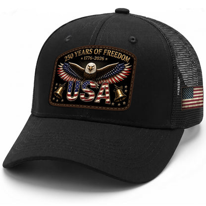 250th Anniversary Freedom Leather Patch Cap - Patriotic Black Trucker Hat