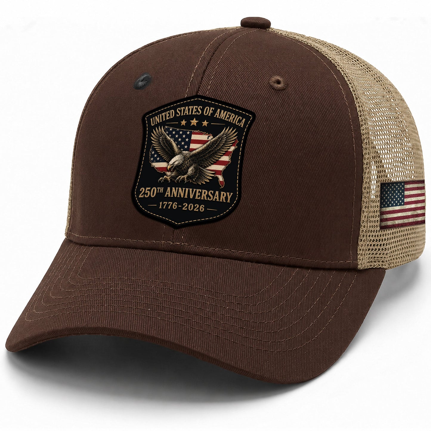 Vintage Style USA 250th Anniversary Leather Patch Hat Patriotic Mesh Back Cap