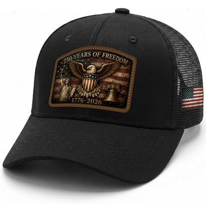 Black Patriotic Leather Patch Hat 250 Years Of Freedom USA Mesh Back Trucker Cap
