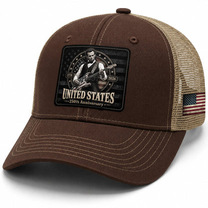 Brown Mesh Cap Abraham Lincoln Guitar 1776-2026 Anniversary Leather Patch Patriotic Hat