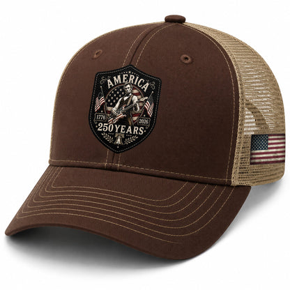 Historic Abraham Lincoln Guitar Leather Patch Cap Patriotic 1776-2026 Brown Mesh Trucker Hat