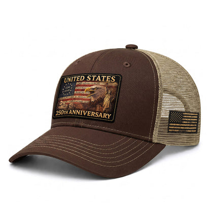 United States 250th Anniversary Leather Patch Hat Patriotic Eagle Mesh Trucker Cap