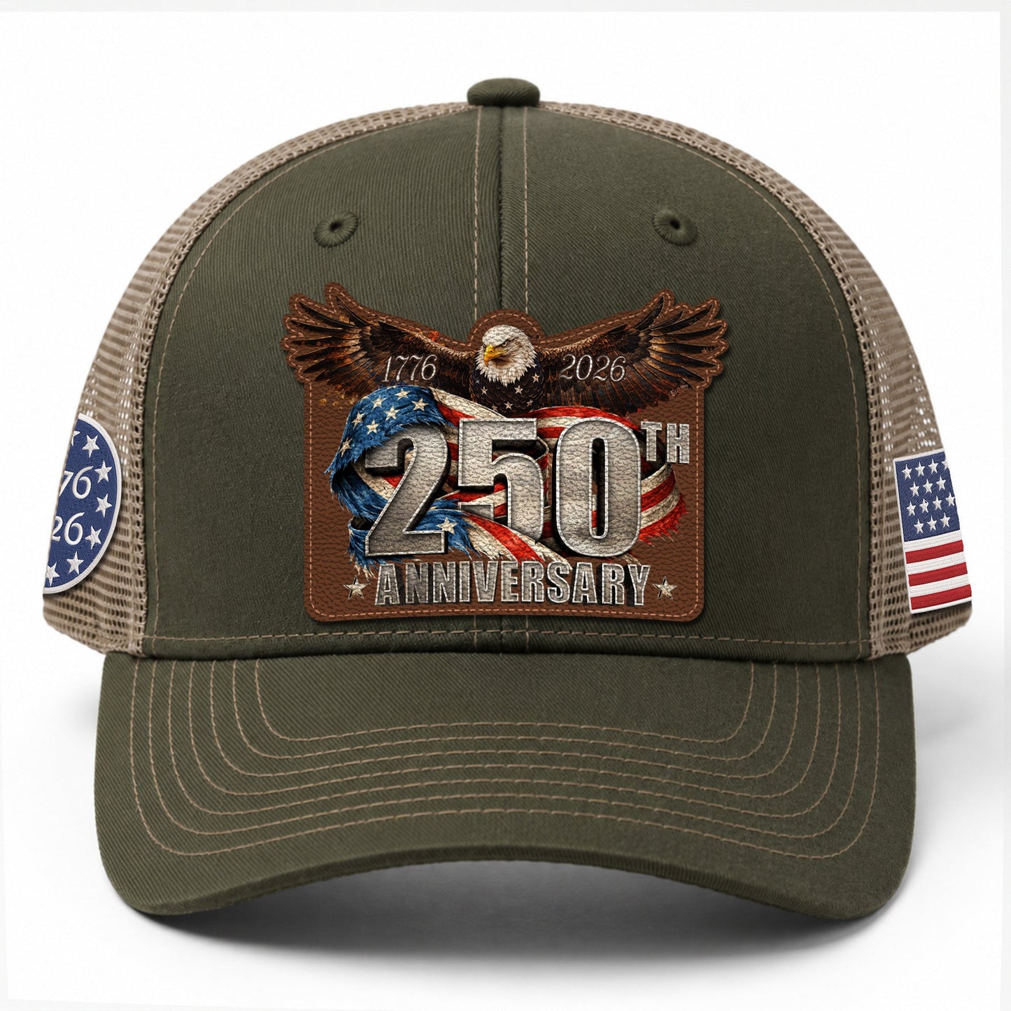 US 250th Anniversary Leather Patch Hat Patriotic Eagle Trucker Cap