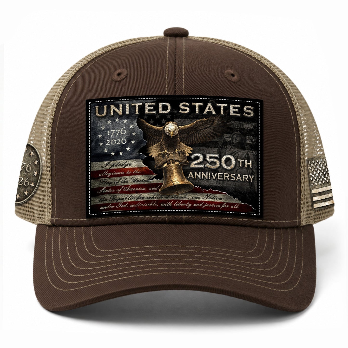 US 250th Anniversary Hat Pledge of Allegiance Liberty Bell Brown Trucker Cap