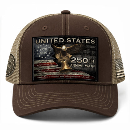 US 250th Anniversary Hat Pledge of Allegiance Liberty Bell Brown Trucker Cap
