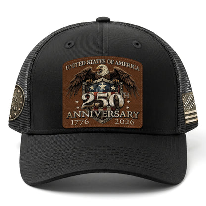 US 250th Anniversary Leather Patch Hat Patriotic Eagle Shield Black Trucker Cap