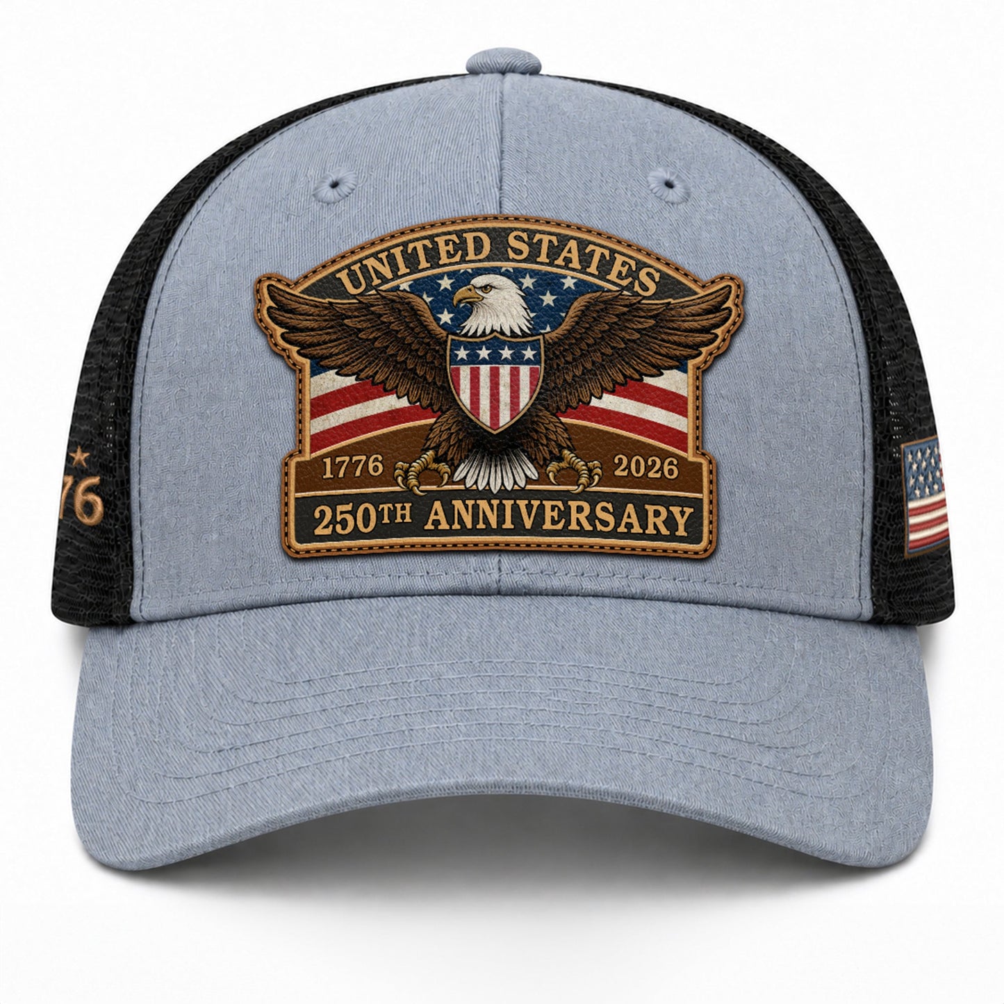 US 250th Anniversary Leather Patch Hat Patriotic Eagle Shield Trucker Cap