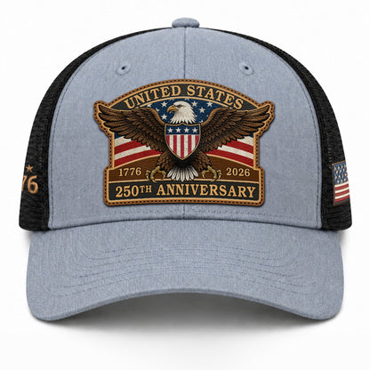 US 250th Anniversary Leather Patch Hat Patriotic Eagle Shield Trucker Cap
