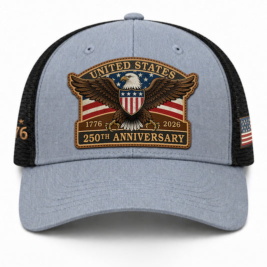 US 250th Anniversary Leather Patch Hat Patriotic Eagle Shield Trucker Cap