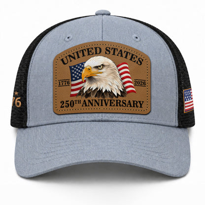 US 250th Anniversary Trucker Hat Patriotic American Eagle Leather Patch Gray Cap