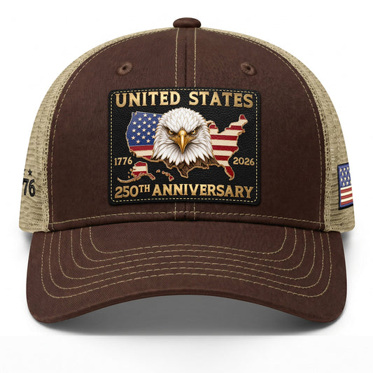 US 250th Anniversary Trucker Hat Vintage American Eagle Leather Patch Brown Cap