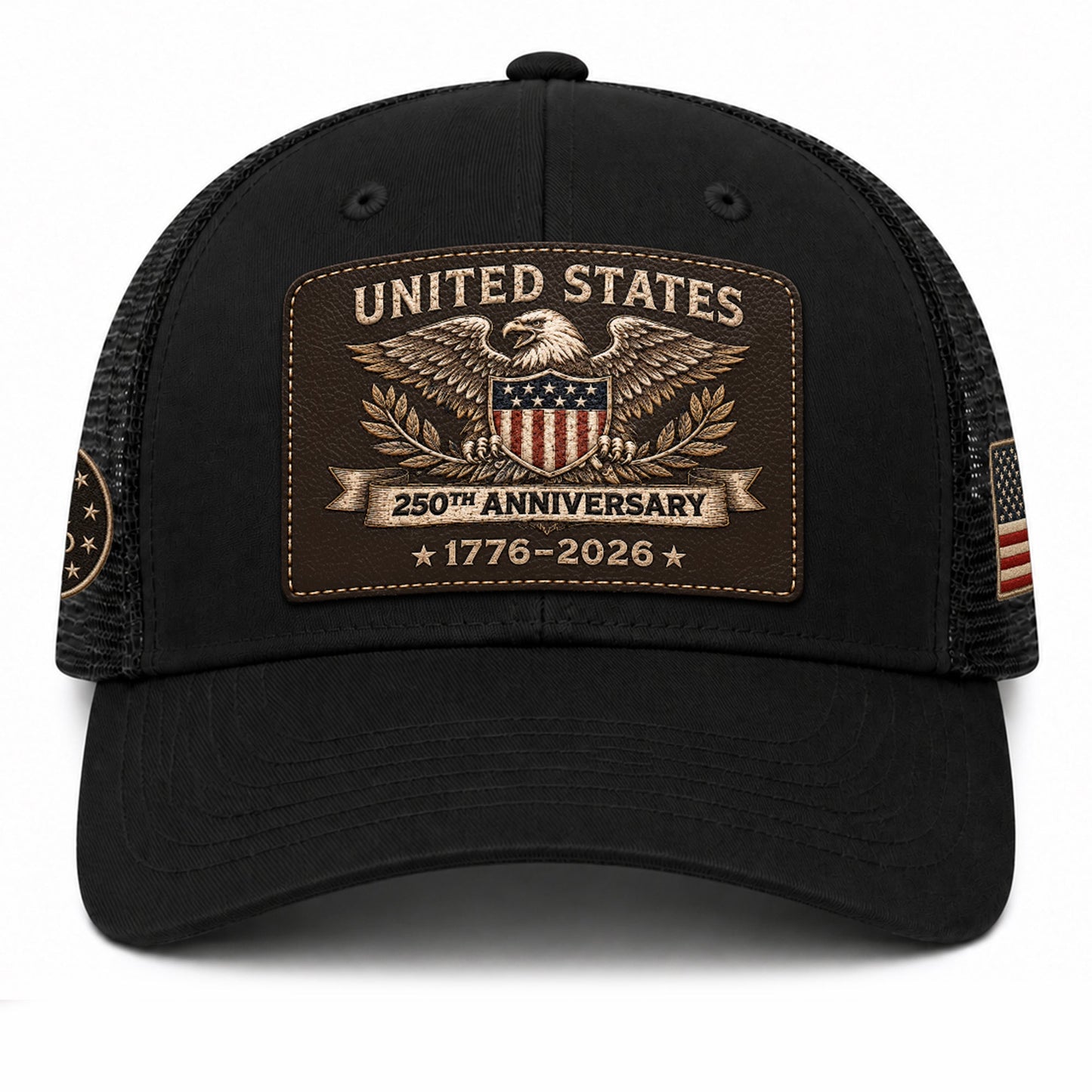 US 250th Anniversary Trucker Hat Vintage American Eagle Leather Patch Black Cap