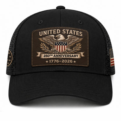 US 250th Anniversary Trucker Hat Vintage American Eagle Leather Patch Black Cap