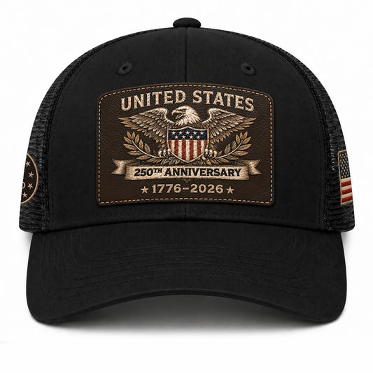 US 250th Anniversary Trucker Hat Vintage American Eagle Leather Patch Black Cap