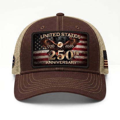 1776-2026 USA Commemorative Leather Patch Trucker Hat Majestic Eagle Mesh Back Cap
