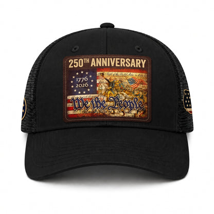 USA 250th Anniversary We The People Leather Patch Trucker Hat Patriotic Mesh Cap