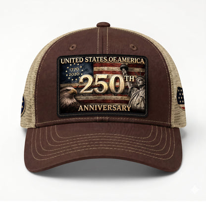 USA 250th Anniversary Leather Patch Trucker Hat Eagle & Statue of Liberty Mesh Cap