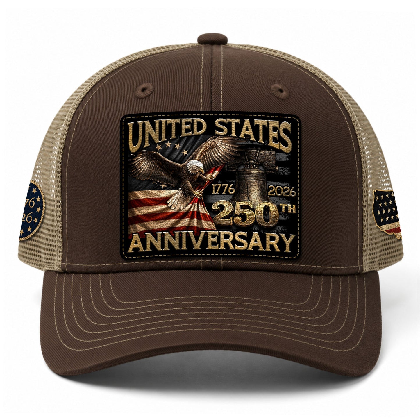 US 250th Anniversary Eagle Trucker Hat Vintage Leather Patch Patriotic Historic Cap