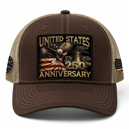 US 250th Anniversary Eagle Trucker Hat Vintage Leather Patch Patriotic Historic Cap