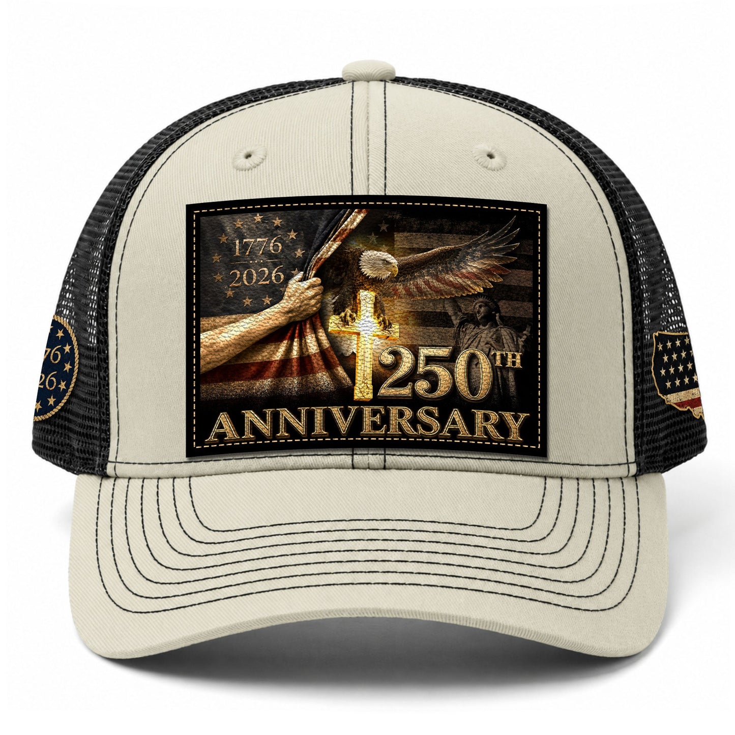 US 250th Anniversary Trucker Hat Christian Cross Eagle Patriotic Leather Patch Mesh Cap