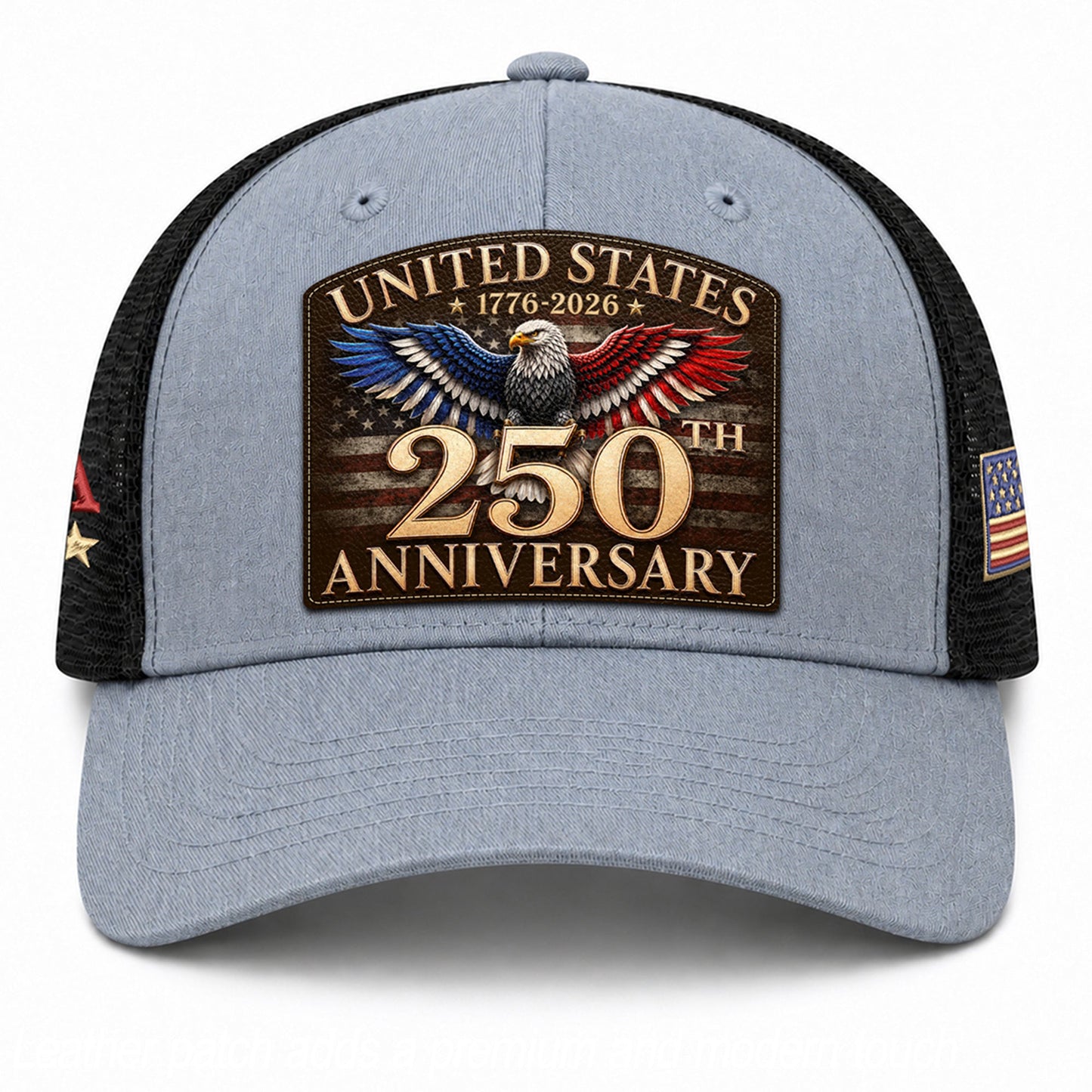 United States 250th Anniversary Trucker Hat Leather Patch Gray Black Commemorative