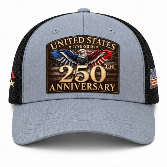 United States 250th Anniversary Trucker Hat Leather Patch Gray Black Commemorative
