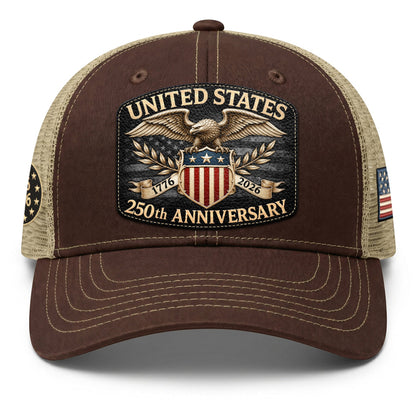 1776 to 2026 Anniversary Brown Tan Mesh Back Hat Leather Patch Trucker Cap