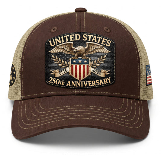 1776 to 2026 Anniversary Brown Tan Mesh Back Hat Leather Patch Trucker Cap