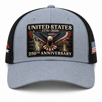 Gray Black Mesh Back Cap Leather Patch 1776 to 2026 Structured Anniversary Hat