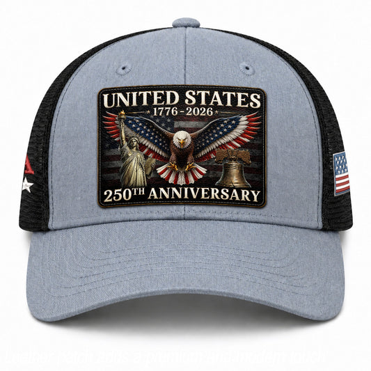 Gray Black Mesh Back Cap Leather Patch 1776 to 2026 Structured Anniversary Hat