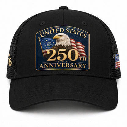 Structured Black Mesh Cap Leather Patch 1776 to 2026 Anniversary Headwear