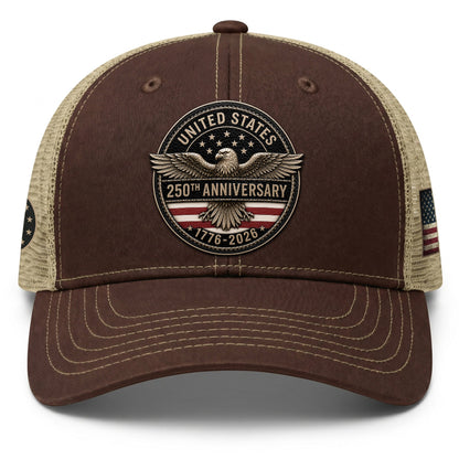 United States 250th Anniversary Leather Patch Hat Patriotic Mesh Back Cap Brown