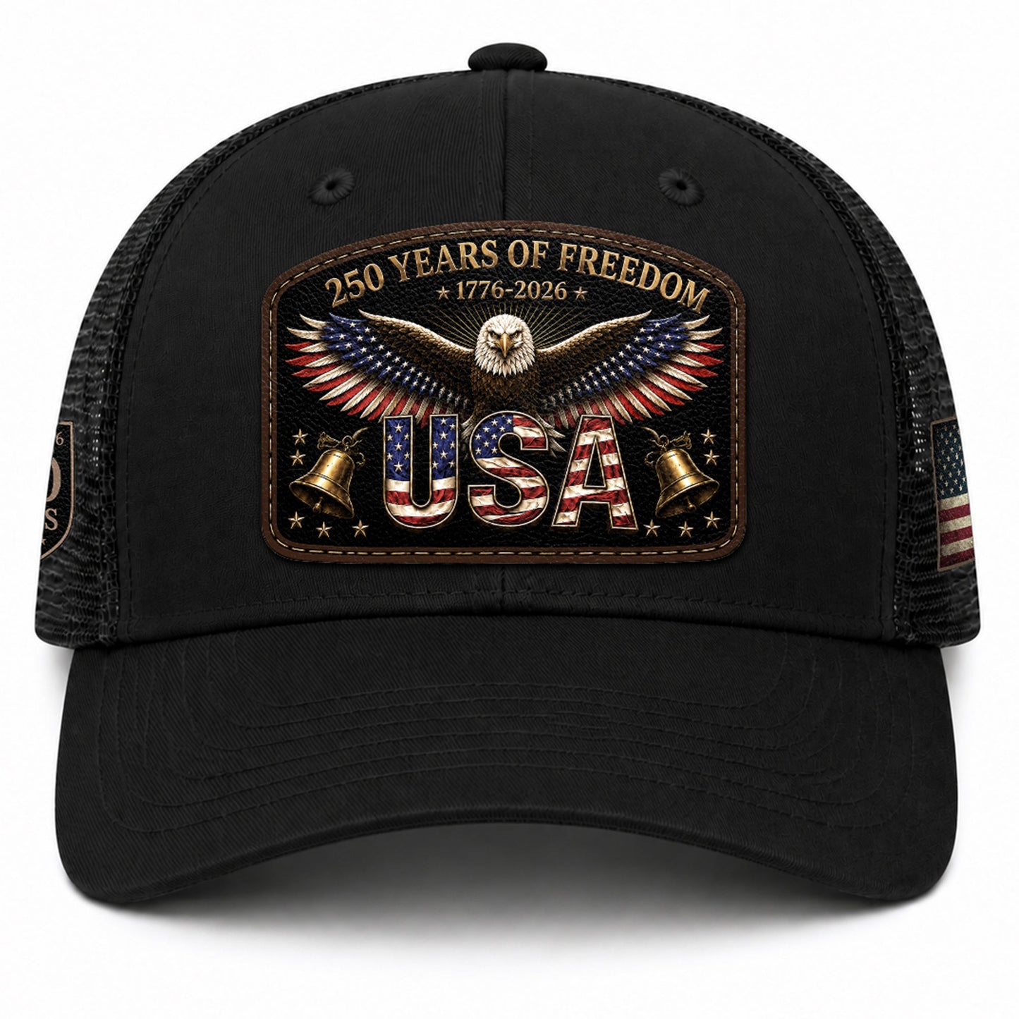 250th Anniversary Freedom Leather Patch Cap - Patriotic Black Trucker Hat