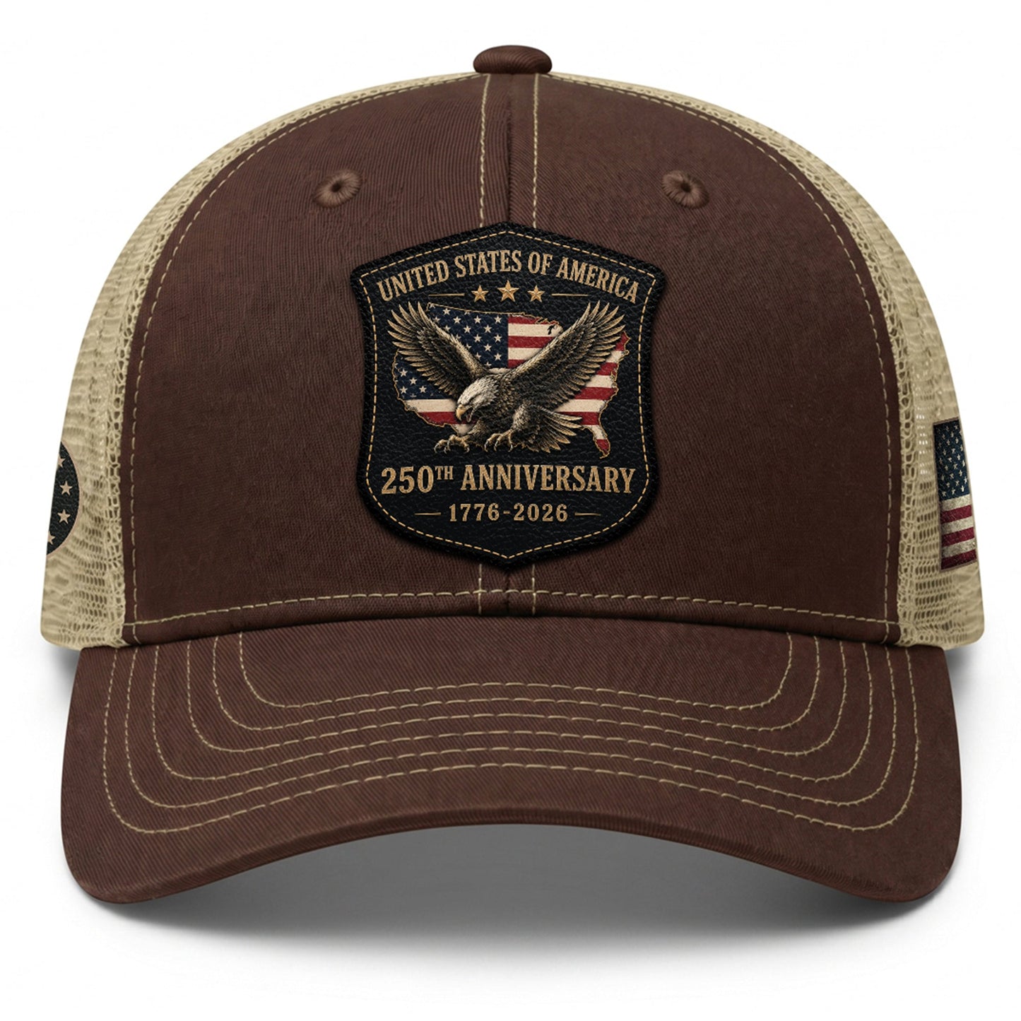Vintage Style USA 250th Anniversary Leather Patch Hat Patriotic Mesh Back Cap