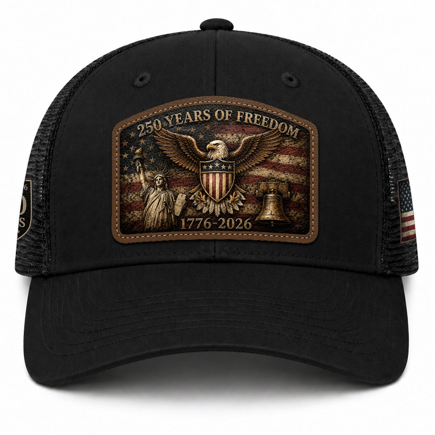 Black Patriotic Leather Patch Hat 250 Years Of Freedom USA Mesh Back Trucker Cap