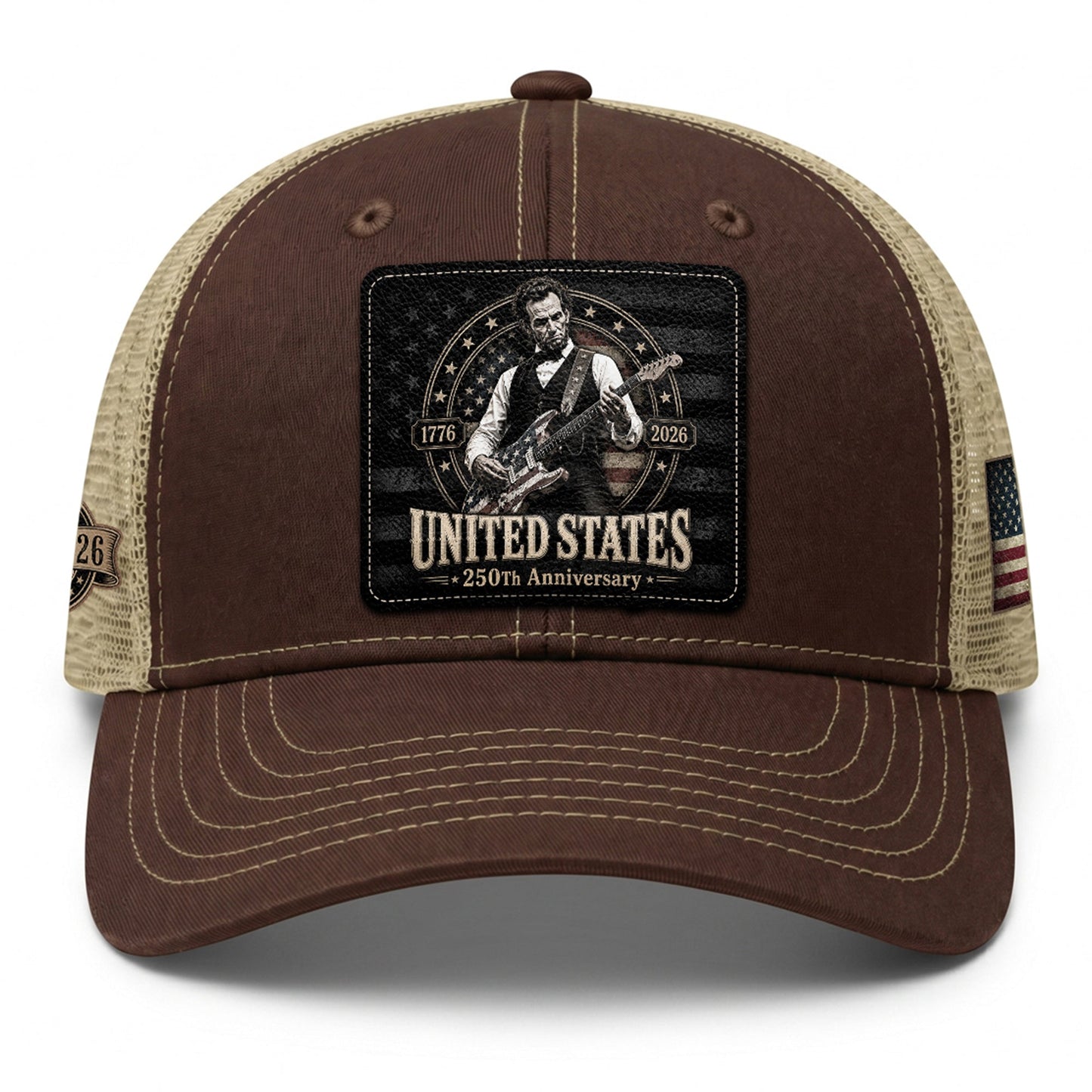 Brown Mesh Cap Abraham Lincoln Guitar 1776-2026 Anniversary Leather Patch Patriotic Hat
