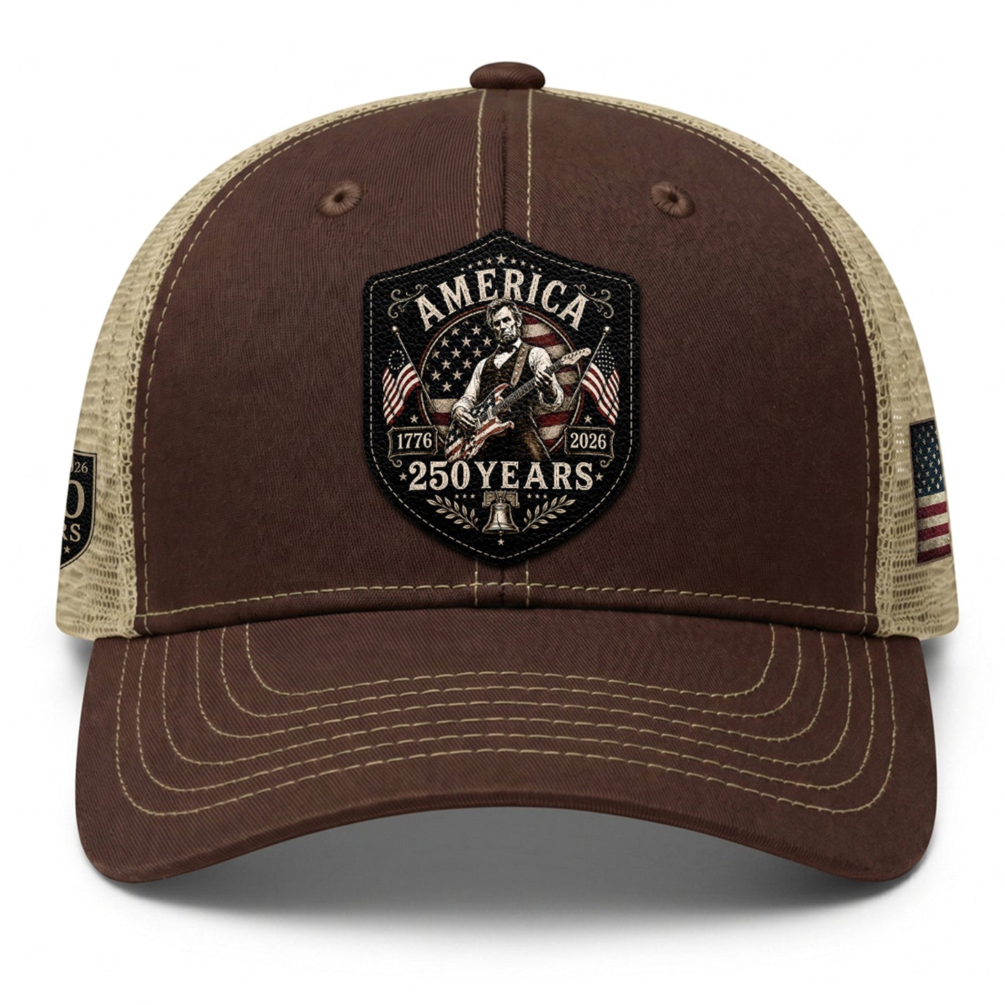 Historic Abraham Lincoln Guitar Leather Patch Cap Patriotic 1776-2026 Brown Mesh Trucker Hat