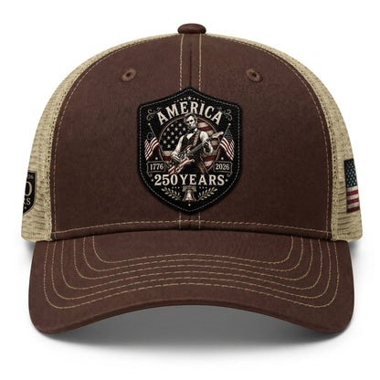 Historic Abraham Lincoln Guitar Leather Patch Cap Patriotic 1776-2026 Brown Mesh Trucker Hat