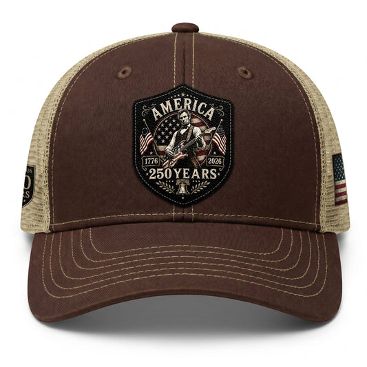 Historic Abraham Lincoln Guitar Leather Patch Cap Patriotic 1776-2026 Brown Mesh Trucker Hat